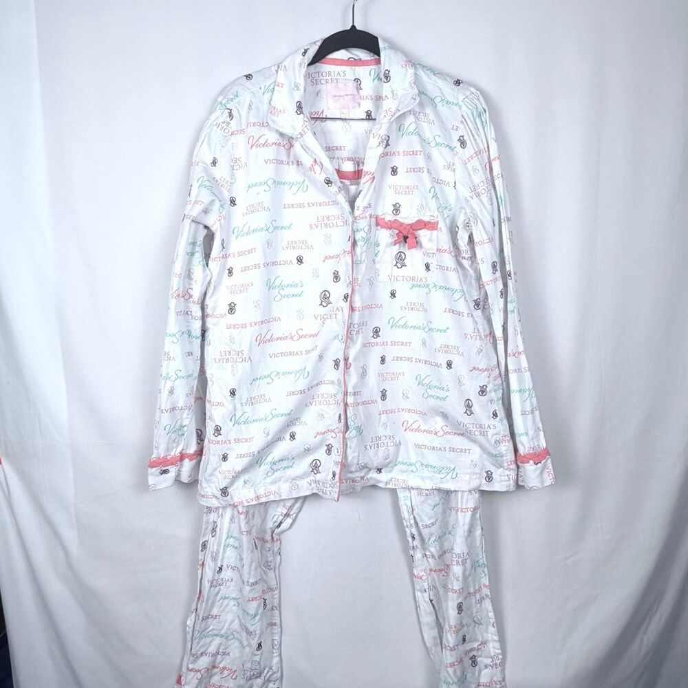 Victoria Secret Flannel White and Pink Logo PJ Set Large Long Sleeve Pants